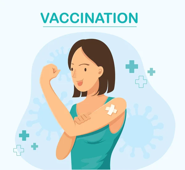 Kvinna Som Visar Vaccinerat Vaccinationskoncept Vektor Illustration — Stock vektor