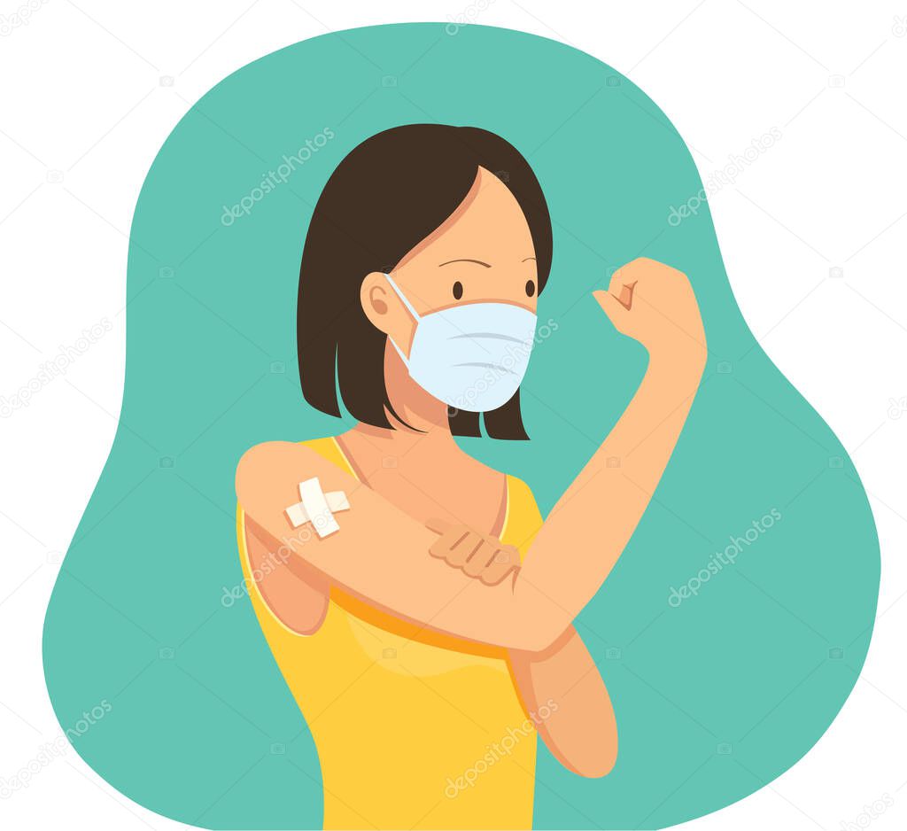 woman Showing Vaccinated. Vaccination concept. vector illustration