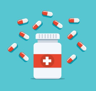 Tıbbi İlaç Şişesi ve Kapsülleri Vektör İllüstrasyonu