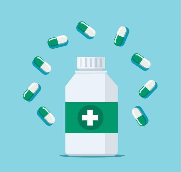 Medical Pill Bottle and Capsules vector Illustration