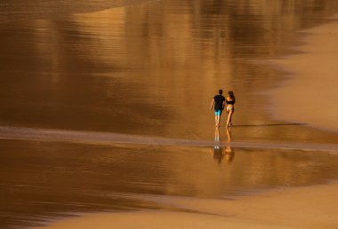 Alentejo, Portekiz, Costa Vicentina, Alentejo 'da sular çekildiğinde altın plajda yürüyen bir çift..