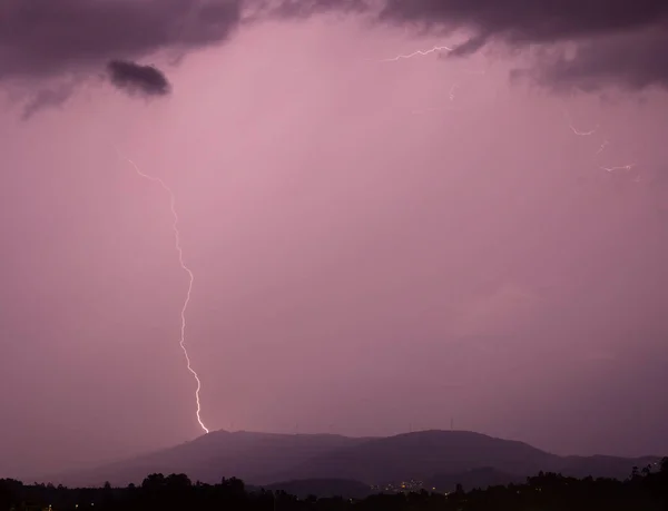 A Lightning Bolt Strikes during a Stormy Night in Braga, Portugal.