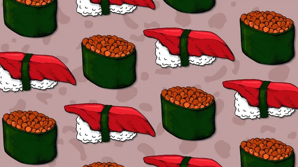 Sushi pola. Ilustrasi vektor makanan Jepang - Stok Vektor