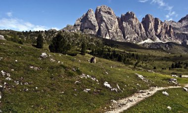 çayır ve Odle dağ grubu ile Grosse Fermeda tepe Dolomites içinde Panoraması ile iz hiking
