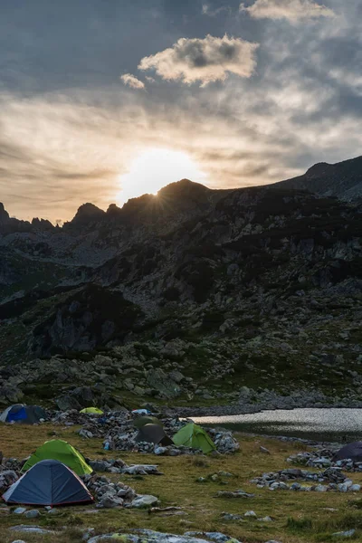 Beautiful Sunset Peaks Camping Area Bucura Lake Retezat Mountains Romania — Stock Photo, Image