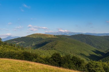 Romanya 'nın eyerli Bellow Muncel Tepesi' nin arka planında, tepelerin üst kısımlarında çayırlar ve kayalarla kaplı Valcan dağları ve yüksek Retezat sıradağları yer alıyor.
