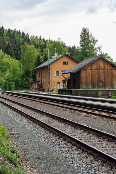 Station Branna Tsjechische Republiek Met Spoorlijn Bomen Rond — Stockfoto