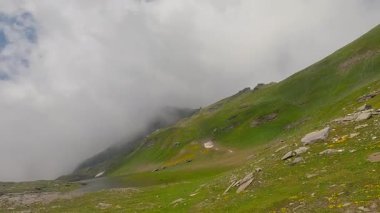 İtalya 'nın Graian Alpleri' nde bulutlu yaz gününde küçük Lago di Bessanetto Gölü 'nün çevresi çok güzeldir.
