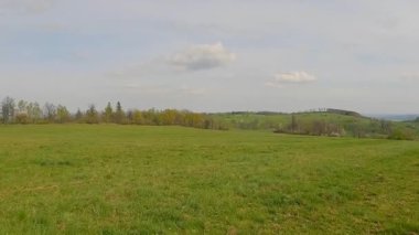 Arka planda Kravi Hora tepesi, Çek Cumhuriyeti 'nin Mesto Albrechtice kasabası yakınlarındaki taze yeşil bahar çayırlarında yürüyor.
