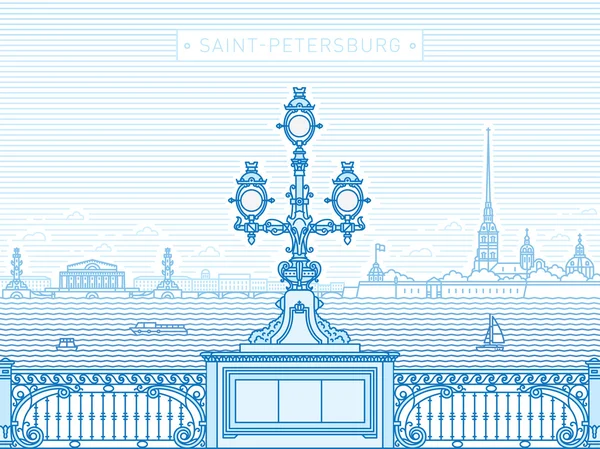 Saint-Petersburg Troitsky bridge panorama line art illustration — Stock Vector