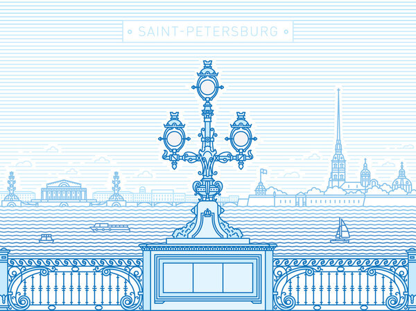 Saint-Petersburg Troitsky bridge panorama line art illustration