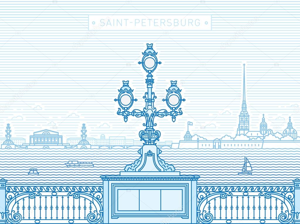 Saint-Petersburg Troitsky bridge panorama line art illustration