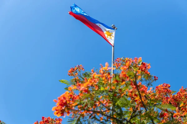 菲律宾国旗与花卉在Aguinaldo圣地和博物馆 — 图库照片