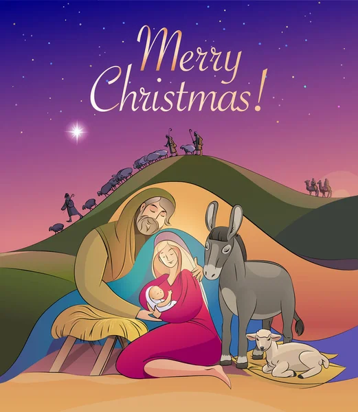 Noel kutsal ailesi bebek İsa 'yı kutsal gece gördükleri için mutlu. Vektör stok illüstrasyon tebrik kartı.