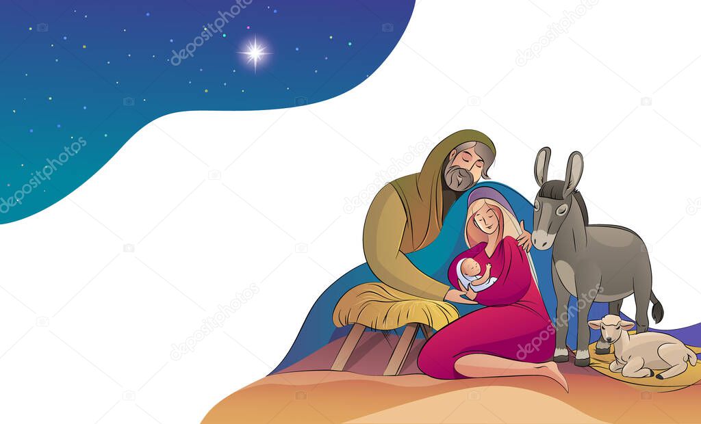 Christmas holy family happy to see the baby Jesus Holy night. Vector stock illustration greeting card.