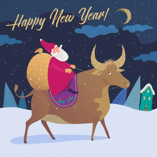 Noel Baba 'nın Boğa Binisindeki temsili yeni yılı kutlamak için hediyelerle geziyor. Kartpostal, reklam afişi, yeni yıl tasarımı.