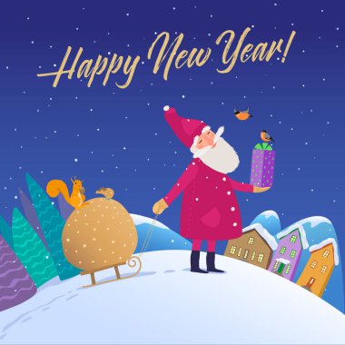 Vektör çizimi. Tatlı Noel Baba, yılbaşı hediyelerini akşamları ormandan evlerine taşır. Huzurlu bir gece ormanı ve evler kar yağıyor. Tekstil üzerindeki tebrik kartı, ambalaj veya desen