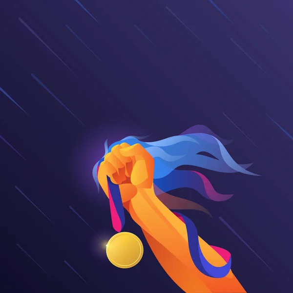 Zafer eli sembolü olan tasarım tasarımı yükseltilmiş madalya hareketi ve enerji ile. Diploma, diploma, illüstrasyon, kitapçık, reklam afişi.