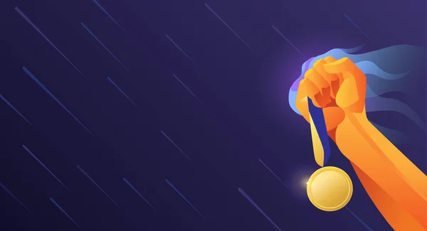 Zafer eli sembolü olan tasarım tasarımı yükseltilmiş madalya hareketi ve enerji ile. Diploma, diploma, illüstrasyon, kitapçık, reklam afişi.
