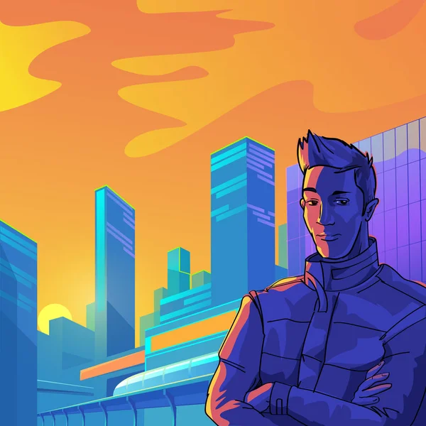 Genç, kendine güvenen bir adam, parlak, modern bir şehrin arka planında duruyor. Kapak tasarımı motivasyon reklam afişi arka planı.