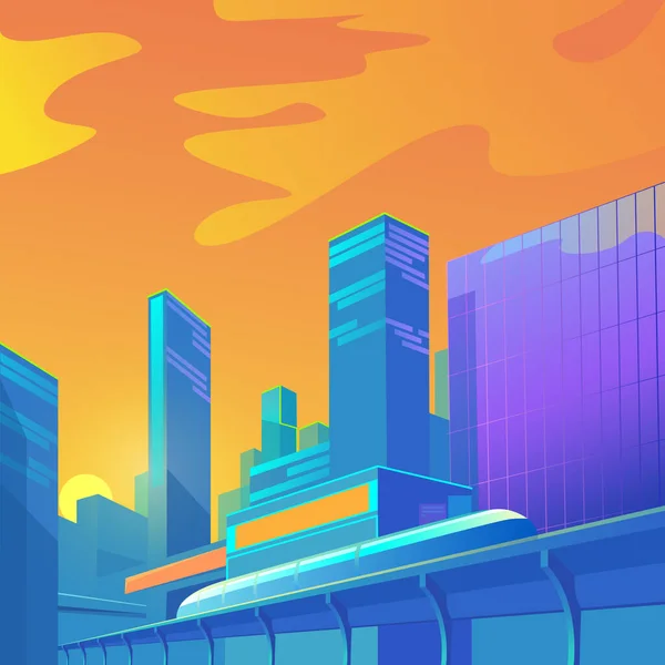 Μια Φωτεινή Αντιθετική Απεικόνιση Του Αστικού Τοπίου Λαμπερό Ουρανοξύστες Ενός — Διανυσματικό Αρχείο