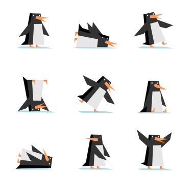 Eylem kümesi içinde izole penguen karikatür düz stil