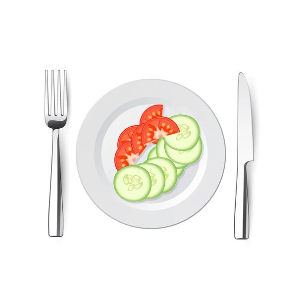 Saláta, uborka és paradicsom, egy késsel, villával — Stock Vector