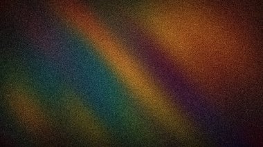 Eşsiz bir kumlu dokuya sahip koyu, soyut bir arkaplan ve yeşil, turuncu ve mor köşegen çizgileri bulanık gökkuşağı benzeri