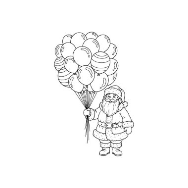 Beyaz arka planda bir sürü balon taşıyan Noel Baba çizgi filminin tasarımı: Noel Baba, Noel Baba.,...