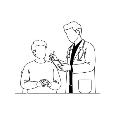 Bir hastanın önünde oturup tartışırken bir doktorun panoya yazı yazmasının çizgi çizimi..