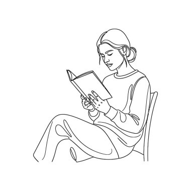 Sessizce sandalyede oturan kadın kitap satırı çizimleri okuyor: kadın, okuma, kitap, sandalye, oturma.,...