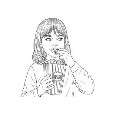 Çizgili bir kutudan patlamış mısır yiyen genç bir kızın yer aldığı geniş çaplı bir vektör: kız, yemek, patlamış mısır, kutu, film, sinema, atıştırmalık,,...