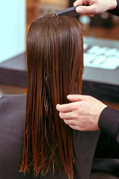 Taglio di capelli da donna. parrucchiere, salone di bellezza — Foto Stock