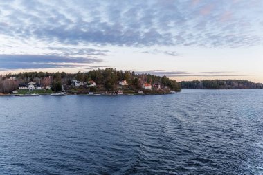 Tipik İskandinav ahşap evleri ve tekne rıhtımlarının bulunduğu ormanlık ada kıyı şeridi manzarası bulutlu bir akşam veya gün batımında bir yolcu gemisinden görülüyor..