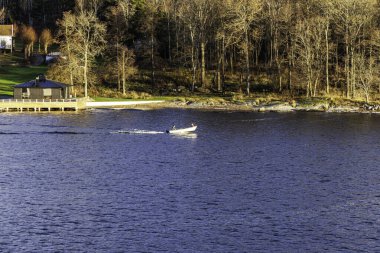 Koyu mavi sularda hızla ilerleyen küçük beyaz bir motorlu tekne, güneşli bir günde sahilde çıplak ağaçlarla dolu, modern, karanlık bir kayıkhanenin önünden geçiyor..