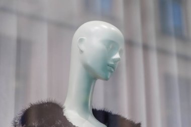 Beyaz, minimalist, siyah kürk yakalı bir manken kafası, bir dükkan vitrininde hafifçe bulanık beyaz perde arkasında sergileniyor..