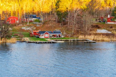 Kayalık ve kıyı şeridinde kayalık rıhtımları olan geleneksel kırmızı ve beyaz ahşap kulübelerin yakın görüntüsü, altın saat güneş ışığıyla yıkanmış..