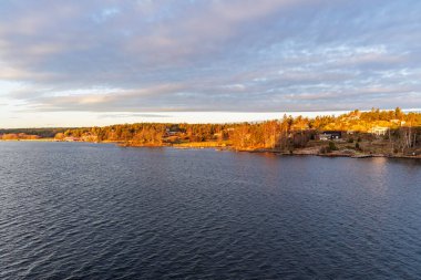 Koyu mavi su boyunca geniş bir manzara, dağınık ev ve rıhtımların bulunduğu ormanlık bir takımada sahil şeridine doğru, yumuşak, sabah erken saatlerde ya da öğleden sonra aydınlığında yıkanmış.