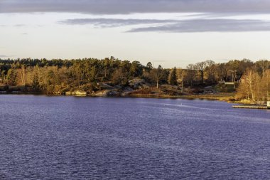 Engebeli, kayalık bir kıyı şeridine yakın, çeşitli ağaçlar, evlerin ince işaretleri, ve sakin su, vahşi doğa ve yaşamın karışımını gösteriyor..