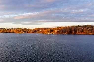 Sahil manzaralı ahşap bir iskele. Körfezin karşısında Stockholm 'ün Sdermalm bölgesinin yüksek yerleşim ve tarihi binalarını görebilirsiniz..