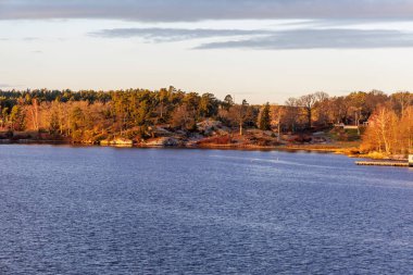 Engebeli, kayalık bir kıyı şeridine yakın, çeşitli ağaçlar, evlerin ince işaretleri, ve sakin su, vahşi doğa ve yaşamın karışımını gösteriyor..