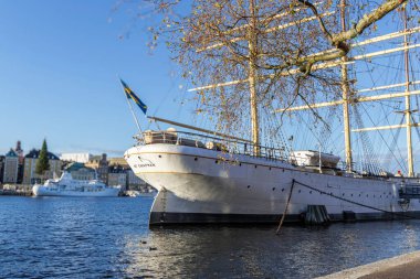 Uzun gemi AF Chapman 'ın pruvası, İsveç bayrağı ile, sonbahar ağacı dalları ile çerçevelenmiş, şehir ile sığ bir alan derinliği ile bulanık.