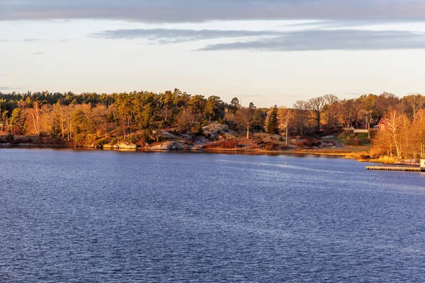 Engebeli, kayalık bir kıyı şeridine yakın, çeşitli ağaçlar, evlerin ince işaretleri, ve sakin su, vahşi doğa ve yaşamın karışımını gösteriyor..