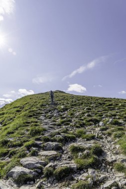 Yeşil bir dağ sırtında, parlak bir güneşin altında engebeli bir taş patikadan yükselen sırıkla geriye bakan bir insan..
