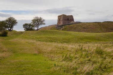 Danimarka 'da Kalo Slotsruin: Arka planda bulutlu bir gökyüzü ve seyrek ağaçlarla dolu çimenli bir tepenin üzerinde oturan antik taş kalıntıları.