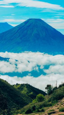 Sindoro Dağı 'nın manzarası, açık bir sabahta Prau Dağı' nın zirvesinden deniz seviyesinden 2,590 metre yükseklikte görüldü. Önünde Prau Dağı zirvesi olan Sindoro Dağı Panoraması.