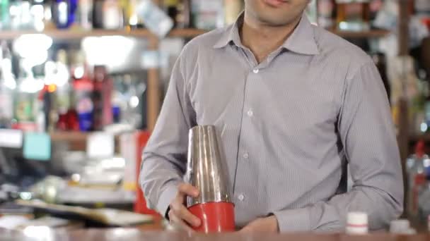Bartender is mixing drink in shaker. Medium shot — Stock Video