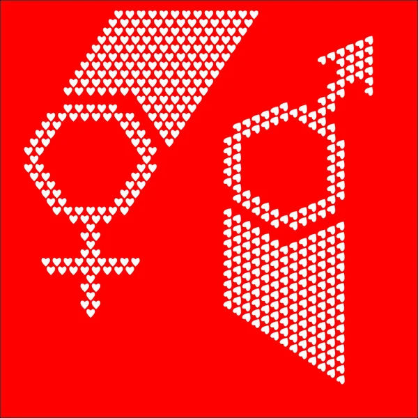 kadın ve erkek beyaz kalp, vektör çizim ile kırmızı bir arka plan üzerinde oturum