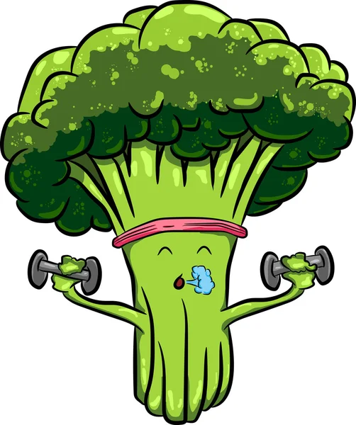 Hermoso brócoli brillante de dibujos animados que participan en deportes con pesas — Vector de stock