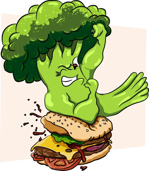 Brokkoli vs burger, az egészséges ételek gyors, a verseny. — Stock Vector
